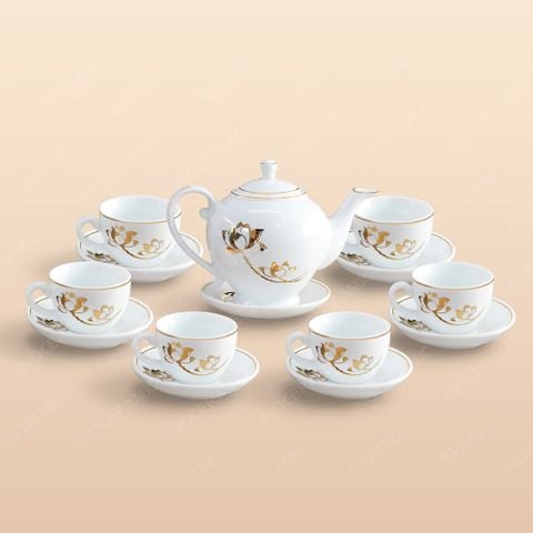 Bộ ấm trà Camelia sen vàng kẻ chỉ vàng - Mẫu 01