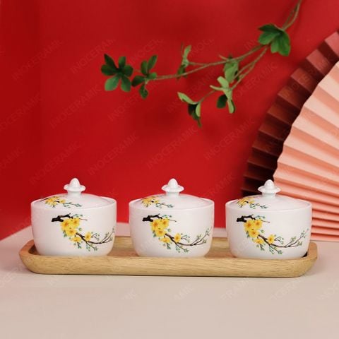 Bộ hũ mứt hoa mai men trắng