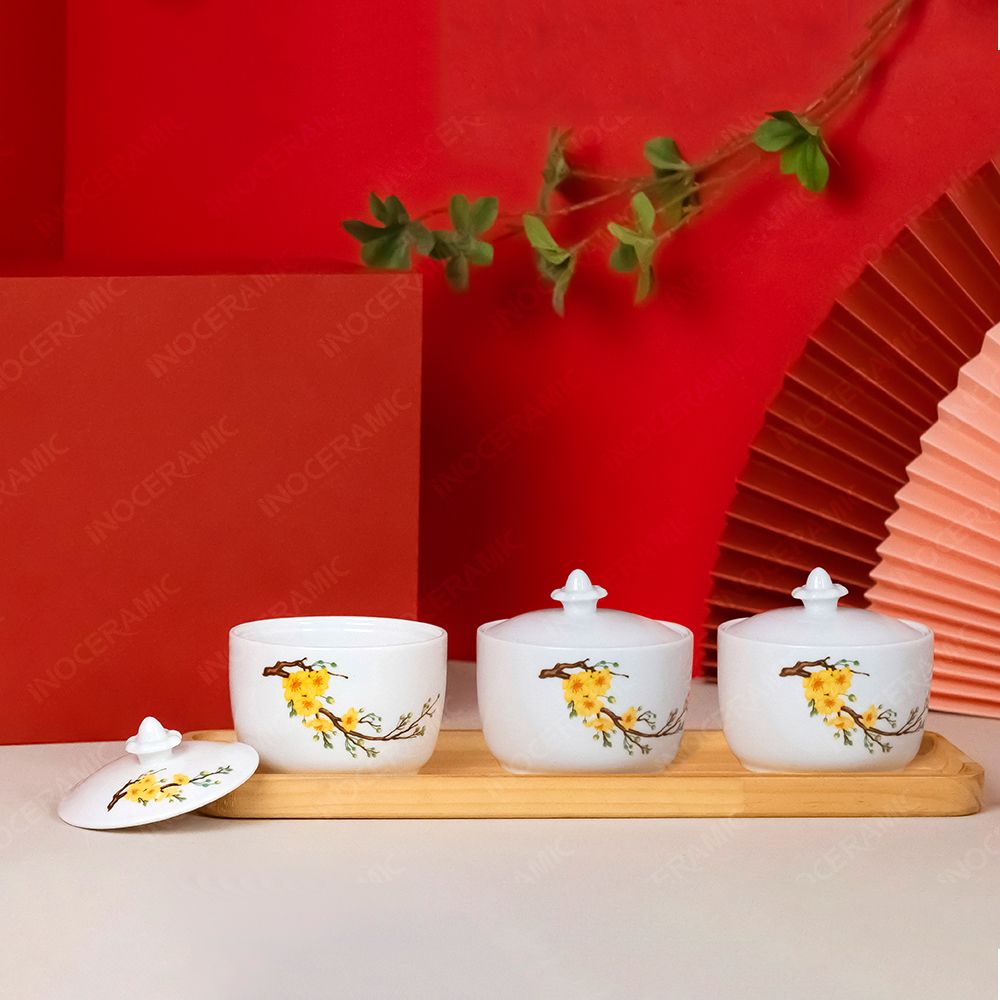 Bộ hũ mứt hoa mai men trắng