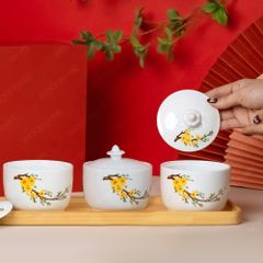 Bộ hũ mứt hoa mai men trắng