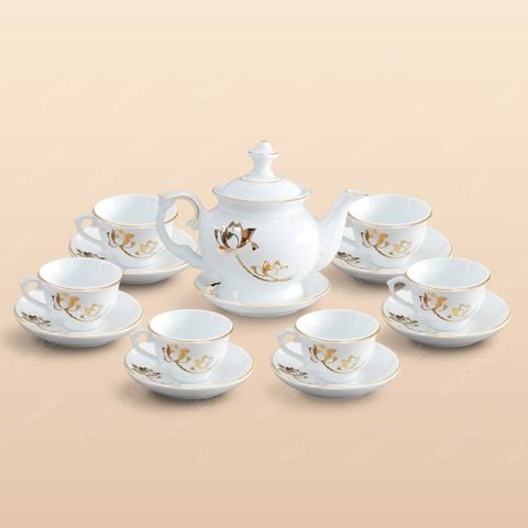 Bộ ấm trà Đài Các sen vàng kẻ chỉ vàng - Mẫu 01