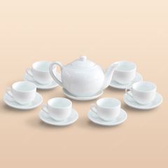 Bộ ấm trà quai lượn men trắng in logo