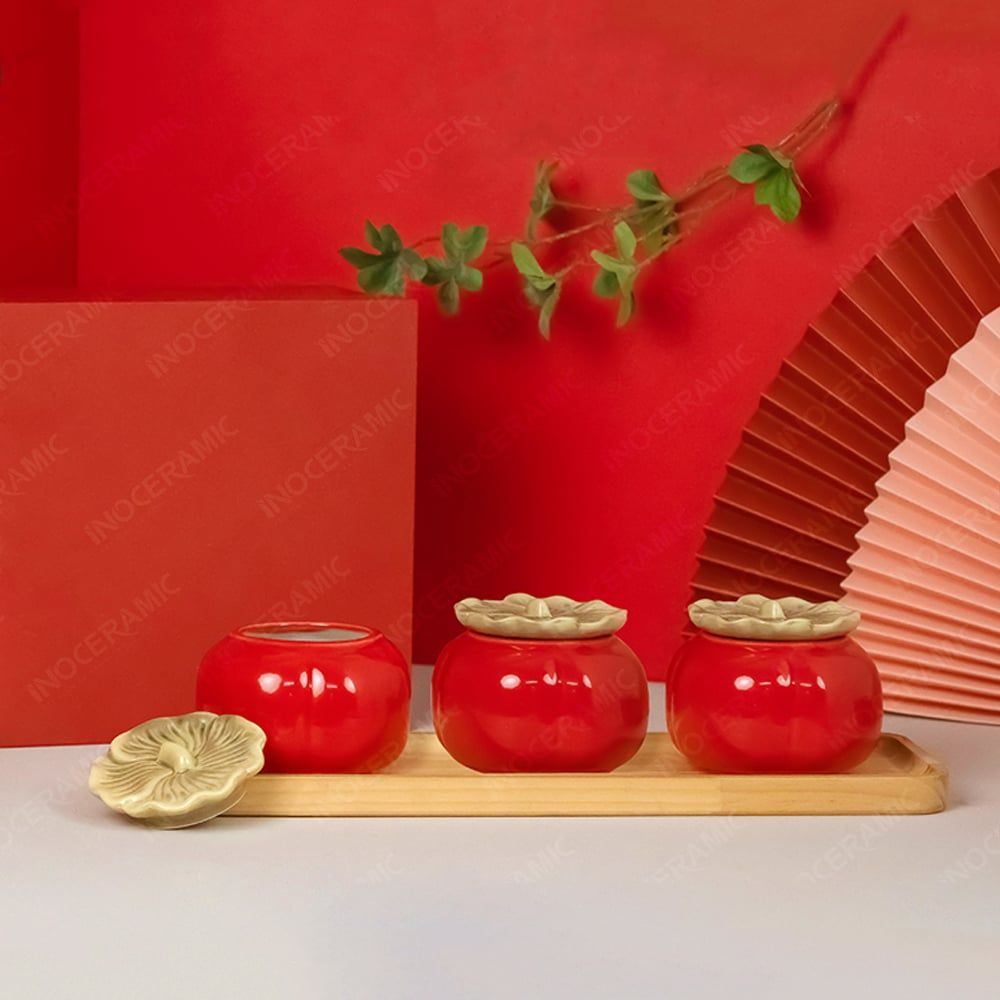 Khay 3 hũ mứt quả hồng men đỏ – Quà Tết gốm sứ Bát Tràng cao cấp