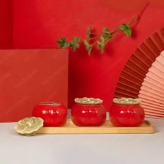 Khay 3 hũ mứt quả hồng men đỏ – Quà Tết gốm sứ Bát Tràng cao cấp