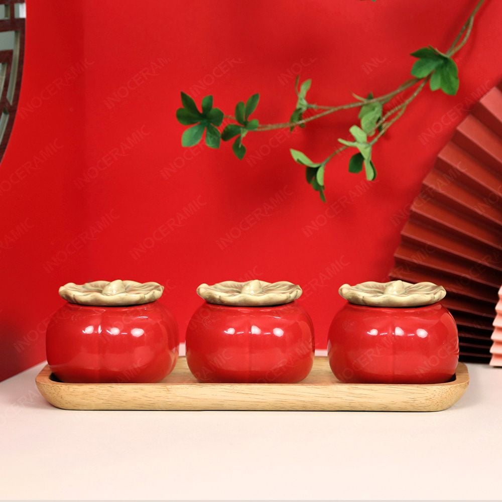 Khay 3 hũ mứt quả hồng men đỏ – Quà Tết gốm sứ Bát Tràng cao cấp
