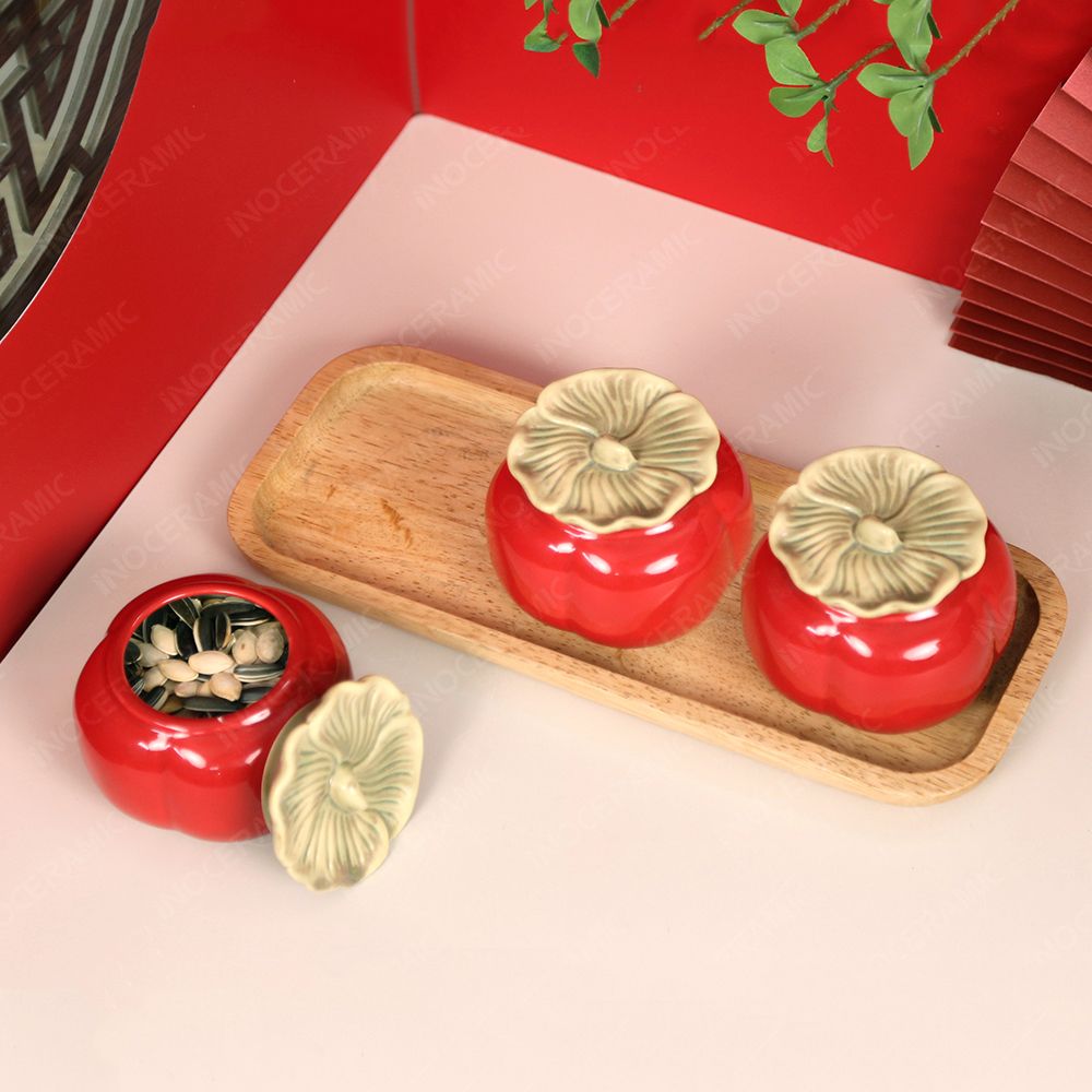 Khay 3 hũ mứt quả hồng men đỏ – Quà Tết gốm sứ Bát Tràng cao cấp