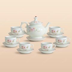 Bộ ấm trà Đài Các men ngà hoa đào hồng vẽ tay