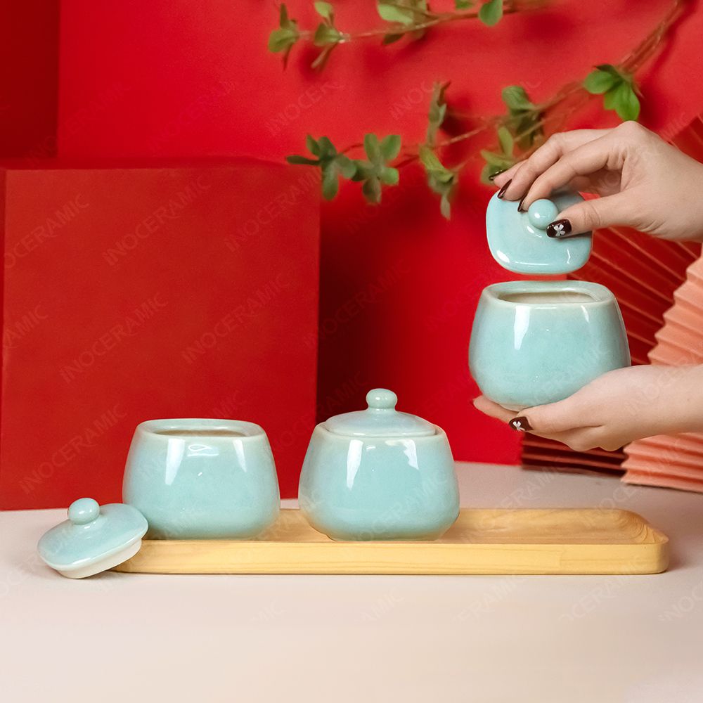 Bộ hũ mứt vuông xanh ngọc
