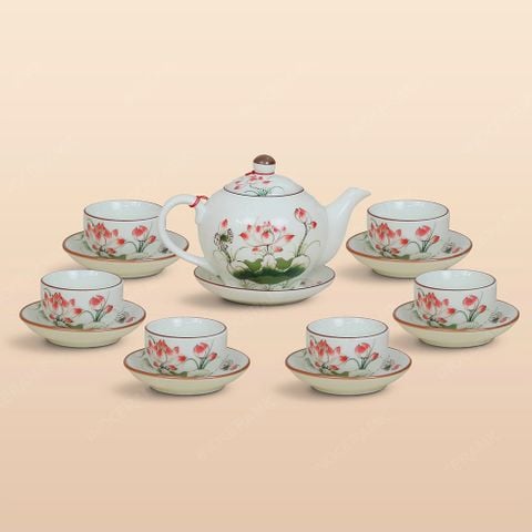 Bộ ấm trà quai lượn men ngà vẽ sen hồng