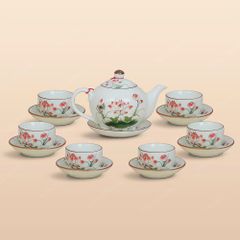 Bộ ấm trà quai lượn men ngà vẽ sen hồng