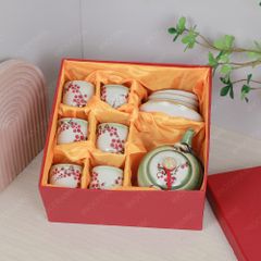 Bộ ấm trà quai đồng men ngọc cành đào đông đỏ vẽ tay