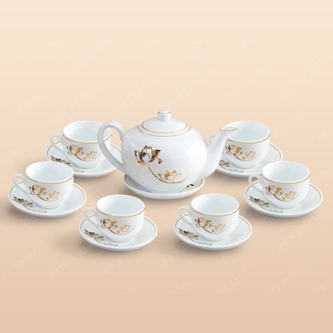 Bộ ấm trà quai lượn sen vàng kẻ chỉ vàng in logo - Mẫu 01