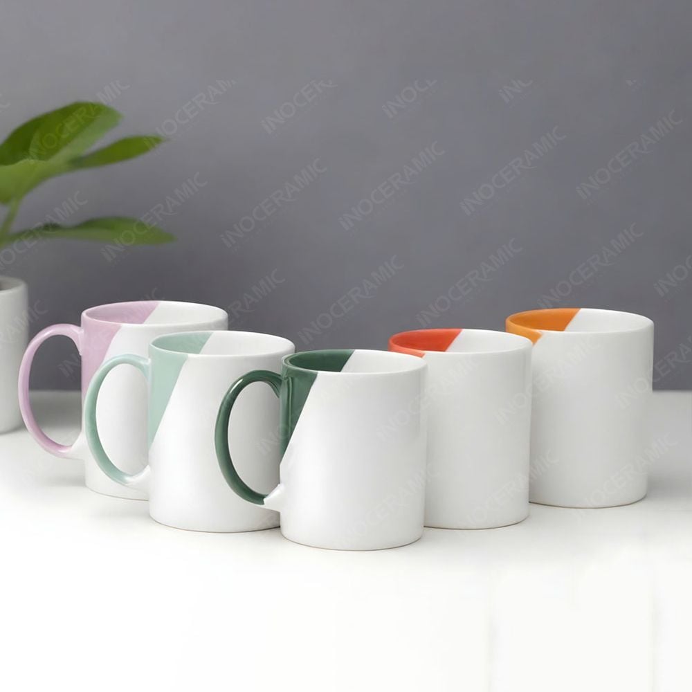 Ly sứ trụ quai C hai màu men matt in logo