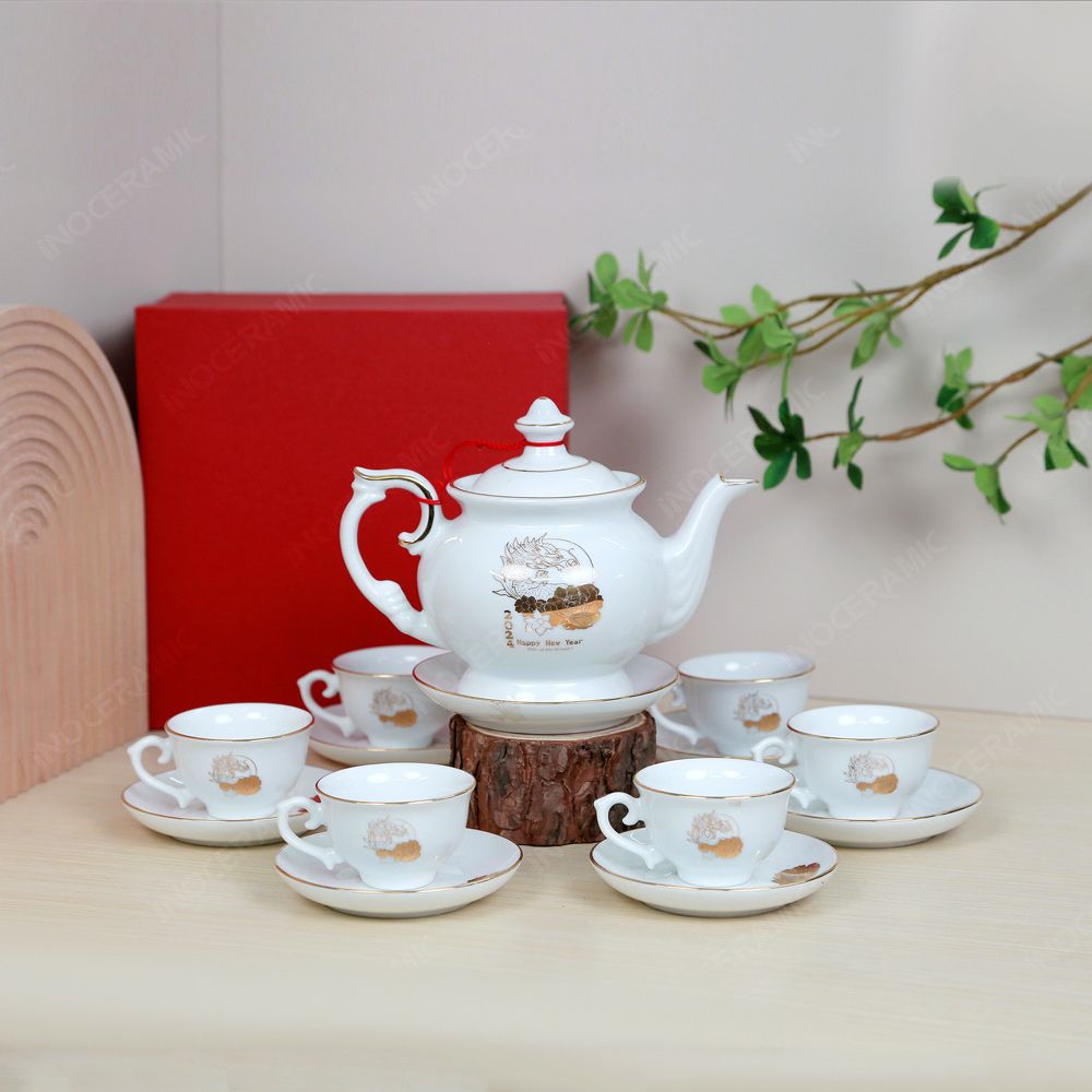 Bộ ấm trà Đài Các Giáp Thìn 2024 kẻ chỉ vàng