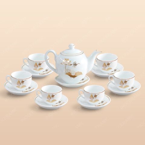 Bộ ấm trà dáng Minh Long sen vàng kẻ chỉ vàng - Mẫu 03