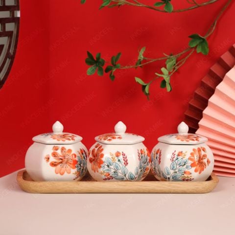 Bộ hũ mứt lục giác vẽ tay