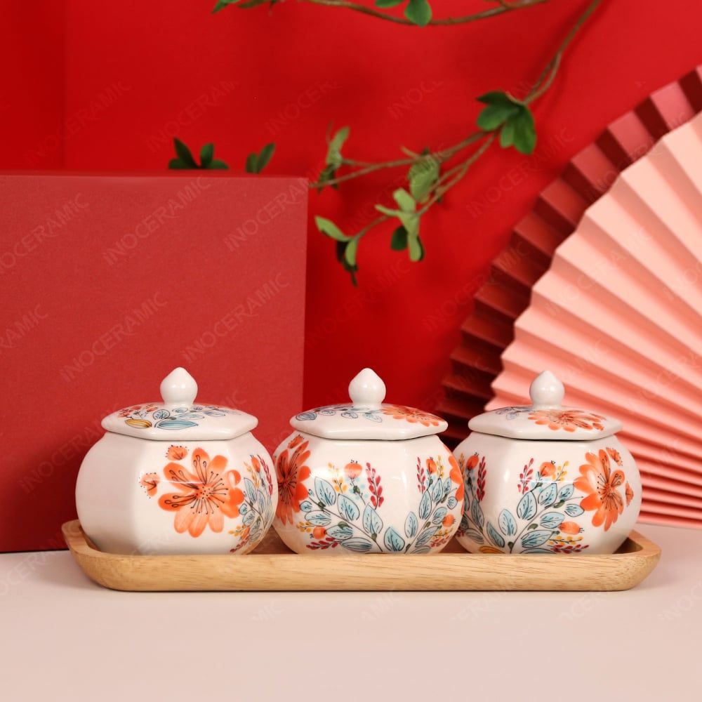 Bộ hũ mứt lục giác vẽ tay