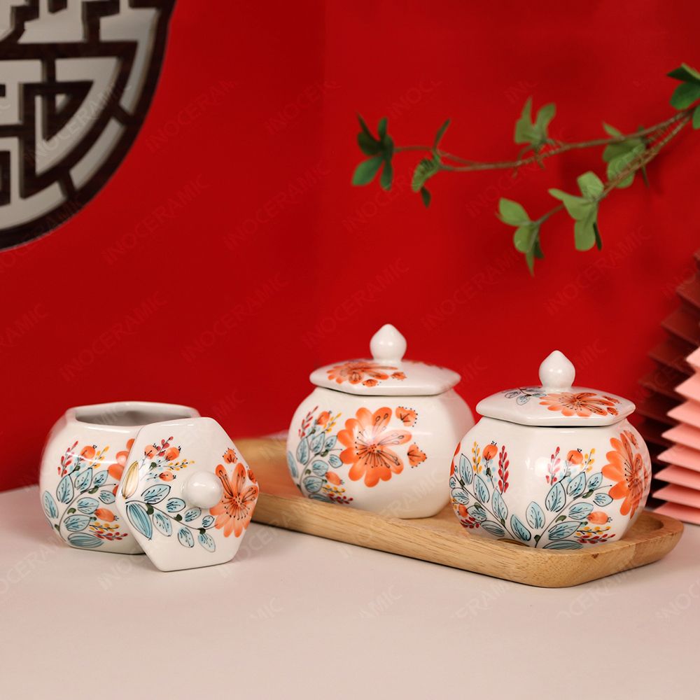 Bộ hũ mứt lục giác vẽ tay