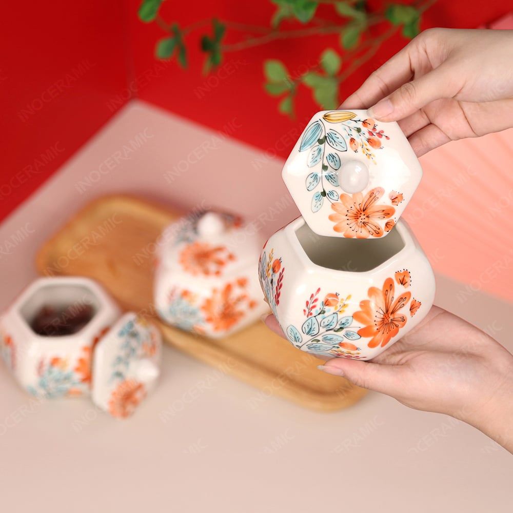 Bộ hũ mứt lục giác vẽ tay