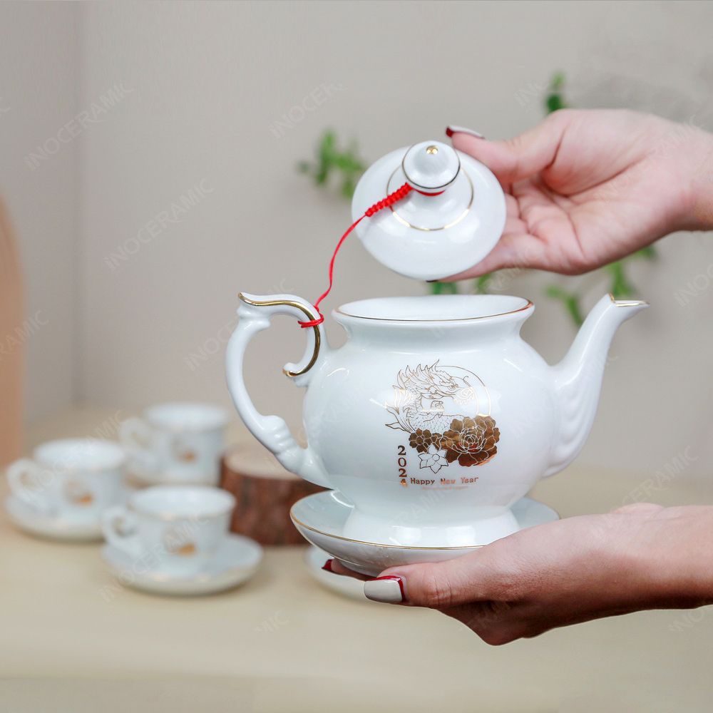 Bộ ấm trà Đài Các Giáp Thìn 2024 kẻ chỉ vàng