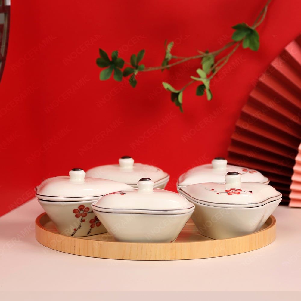 Bộ 05 hũ mứt tim Hoa Đào Bát Tràng – Set quà Tết doanh nghiệp cao cấp