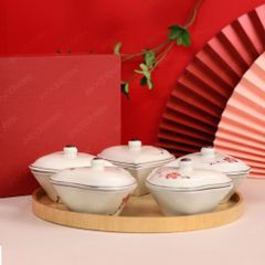 Bộ 05 hũ mứt tim Hoa Đào Bát Tràng – Set quà Tết doanh nghiệp cao cấp