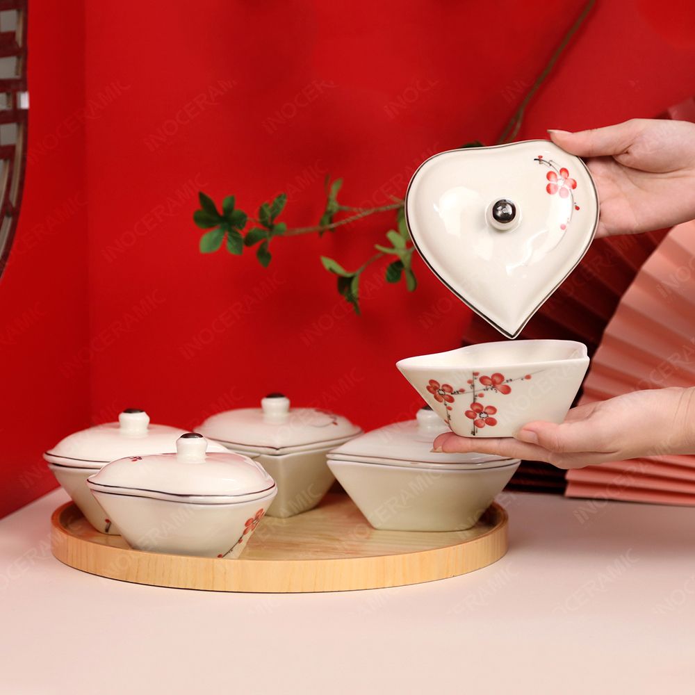 Bộ 05 hũ mứt tim Hoa Đào Bát Tràng – Set quà Tết doanh nghiệp cao cấp