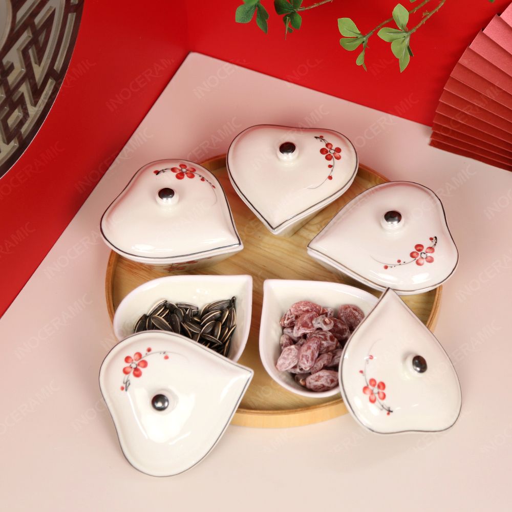 Bộ 05 hũ mứt tim Hoa Đào Bát Tràng – Set quà Tết doanh nghiệp cao cấp