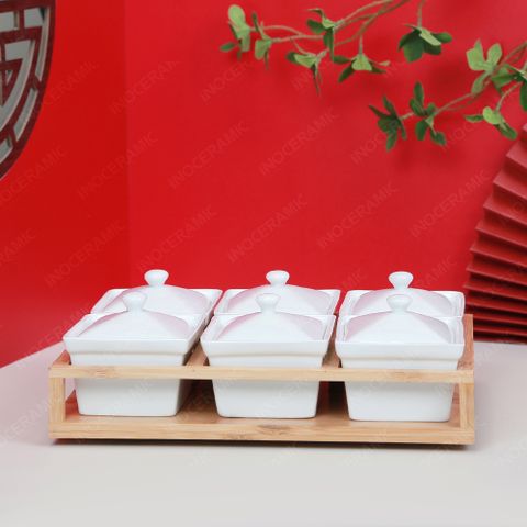Bộ 06 hũ mứt chữ nhật men trắng