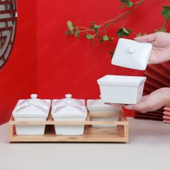 Bộ 06 hũ mứt chữ nhật men trắng