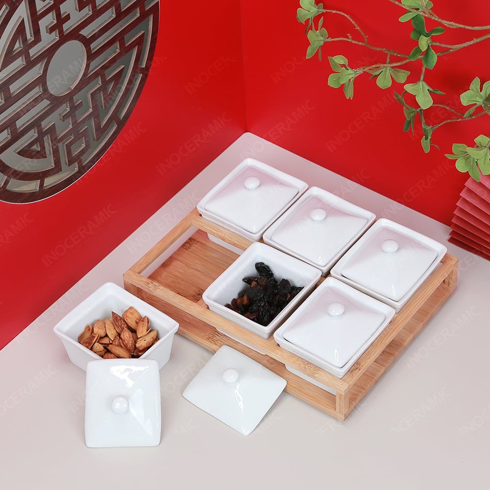 Bộ 06 hũ mứt chữ nhật men trắng