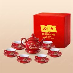 Quà tặng Đại hội Đảng - Bộ ấm trà Đài Các men đỏ thuận buồm kẻ vàng