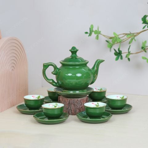 Bộ ấm trà Đài Các men lục vẽ sen chỉ vàng