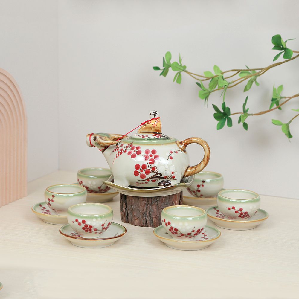 Bộ ấm trà Mục đồng cưỡi trâu men ngọc vẽ đào đông