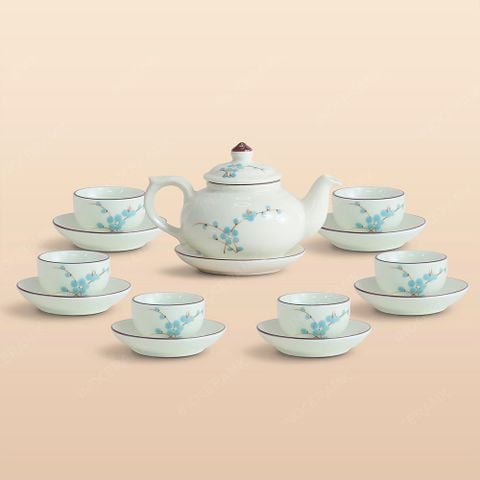 Bộ ấm trà ba men ngà hoa đào xanh vẽ tay