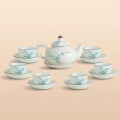 Bộ ấm trà ba men ngà hoa đào xanh vẽ tay