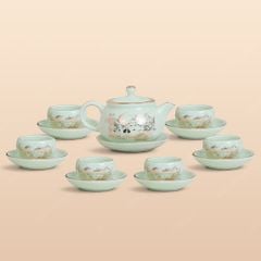 Bộ ấm trà Lưu Ly sen chép kẻ vàng