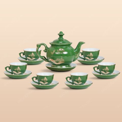 Bộ ấm trà Đài Các miệng lượn men lục sen chuồn vẽ vàng