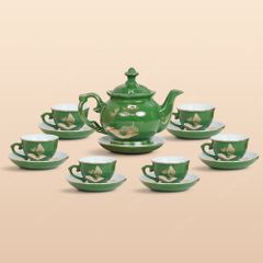 Bộ ấm trà Đài Các miệng lượn men lục sen chuồn vẽ vàng