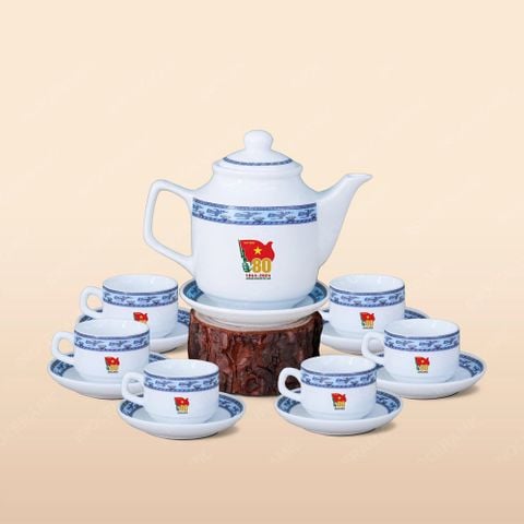Quà tặng Quân đội - Bộ ấm trà vuông cao viền hạc xanh