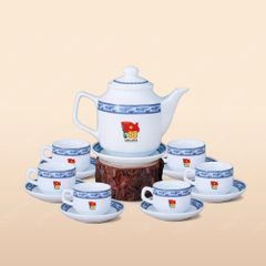 Quà tặng Quân đội - Bộ ấm trà vuông cao viền hạc xanh