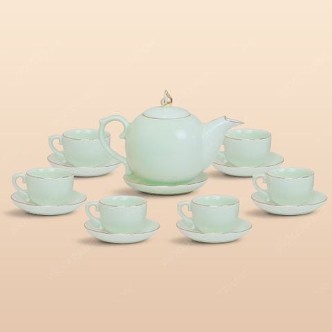 Bộ ấm trà Ngọn lửa men ngọc kẻ chỉ vàng in logo