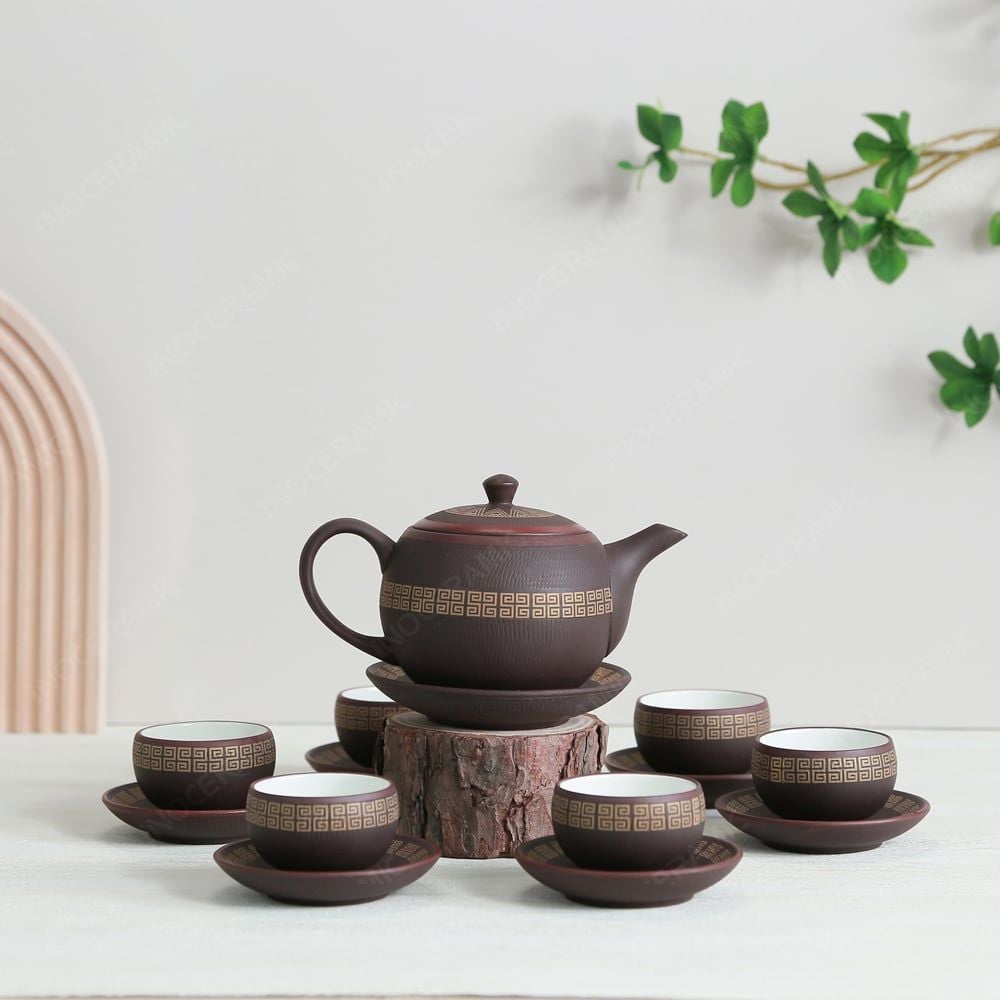 Quà tặng Đại hội Đảng - Bộ trà Ấm trăng tròn tử sa trống đồng