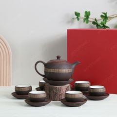 Bộ trà ấm trăng tròn tử sa trống đồng