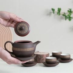 Bộ trà ấm trăng tròn tử sa trống đồng