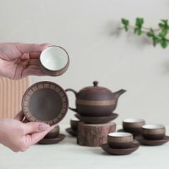 Bộ trà ấm trăng tròn tử sa trống đồng