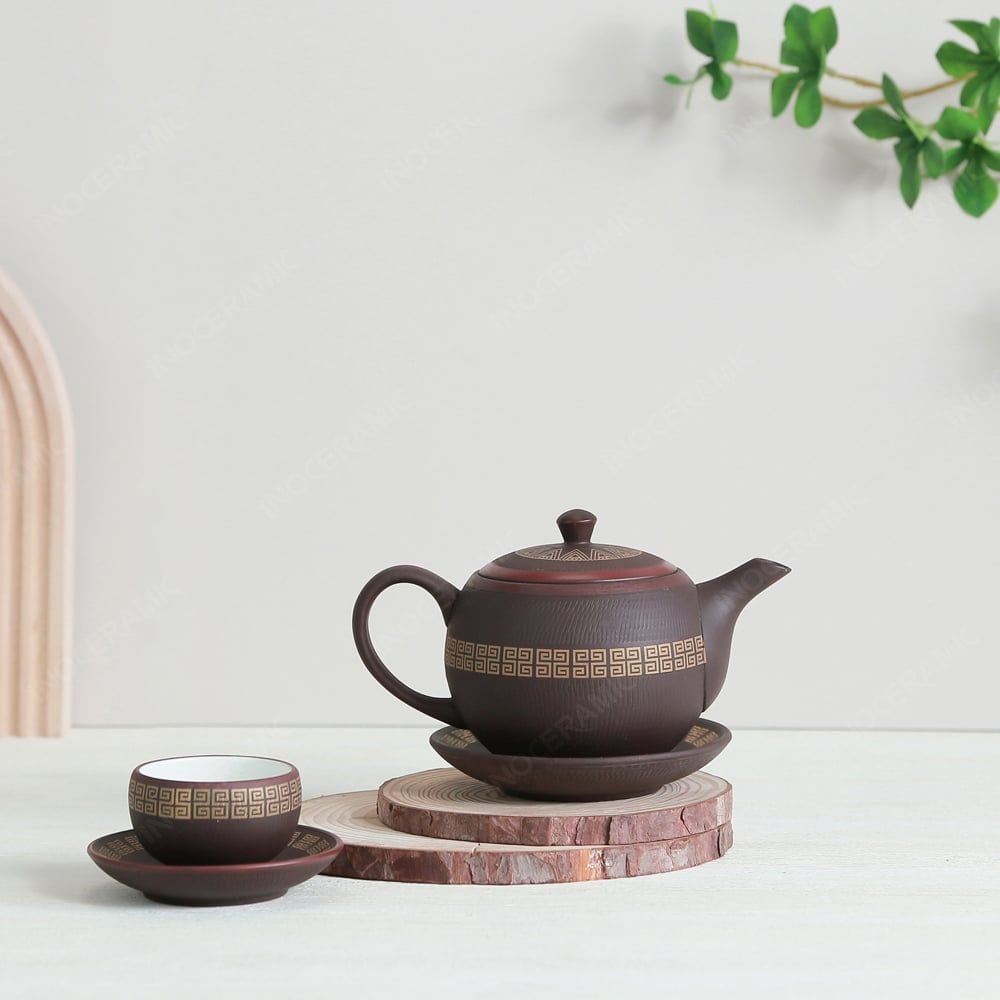 Bộ trà ấm trăng tròn tử sa trống đồng