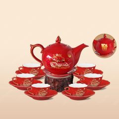 Quà tặng Quân đội - Bộ ấm trà Mẫu Đơn men đỏ Thuận buồm vẽ vàng