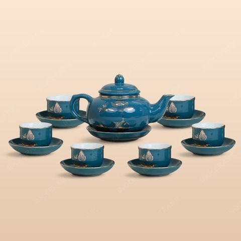 Bộ ấm trà ba men lam sen vàng