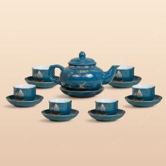 Bộ ấm trà ba men lam sen vàng